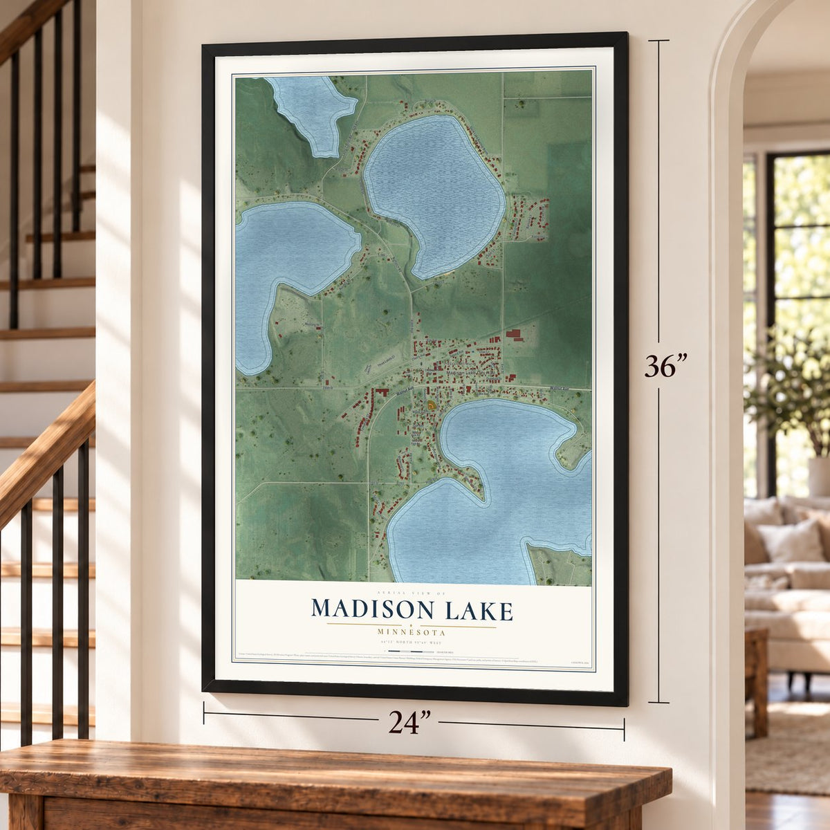 Madison Lake, Minnesota map, 24 x 36 inch print in a black frame by a staircase
