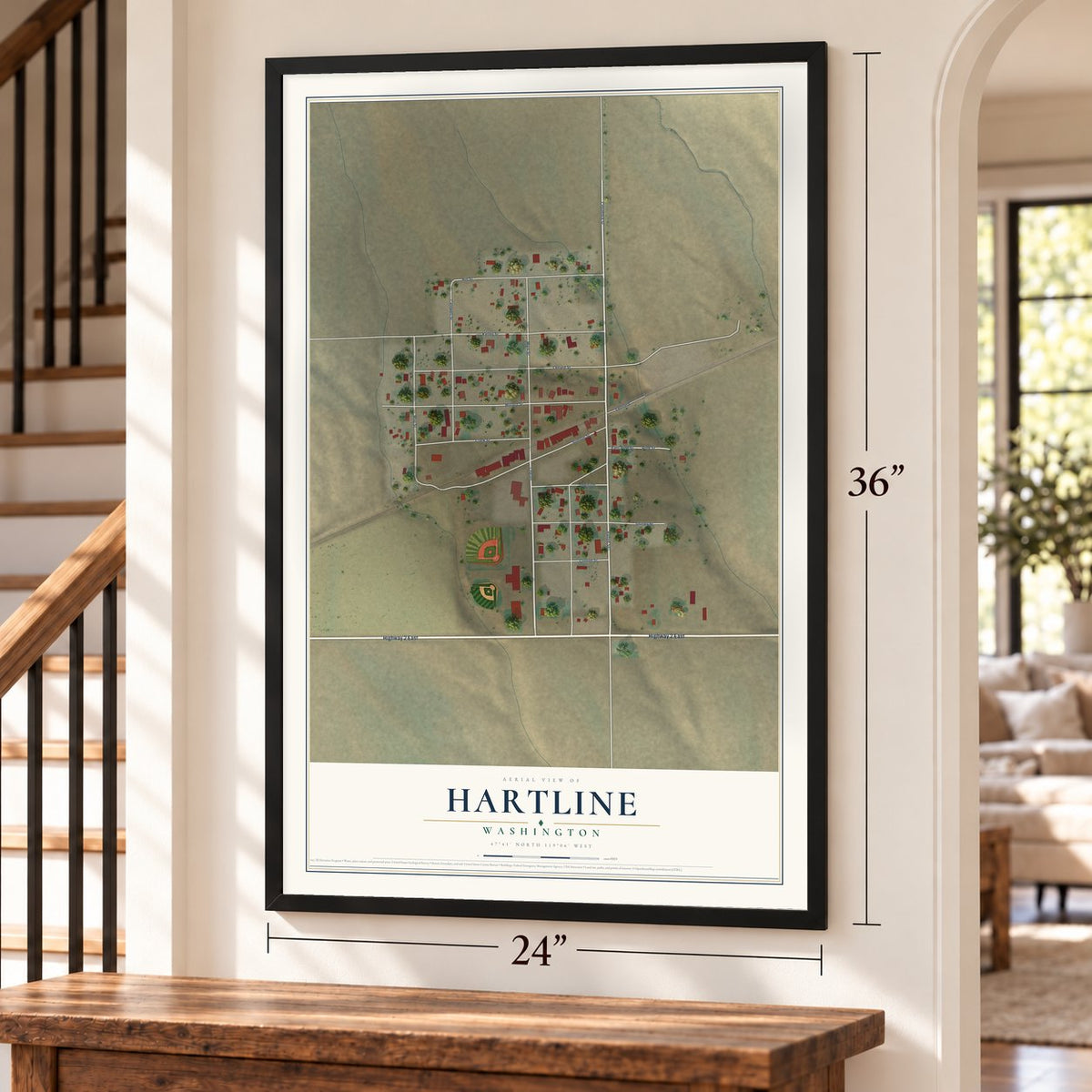 Hartline, Washington map, 24 x 36 inch print in a black frame by a staircase
