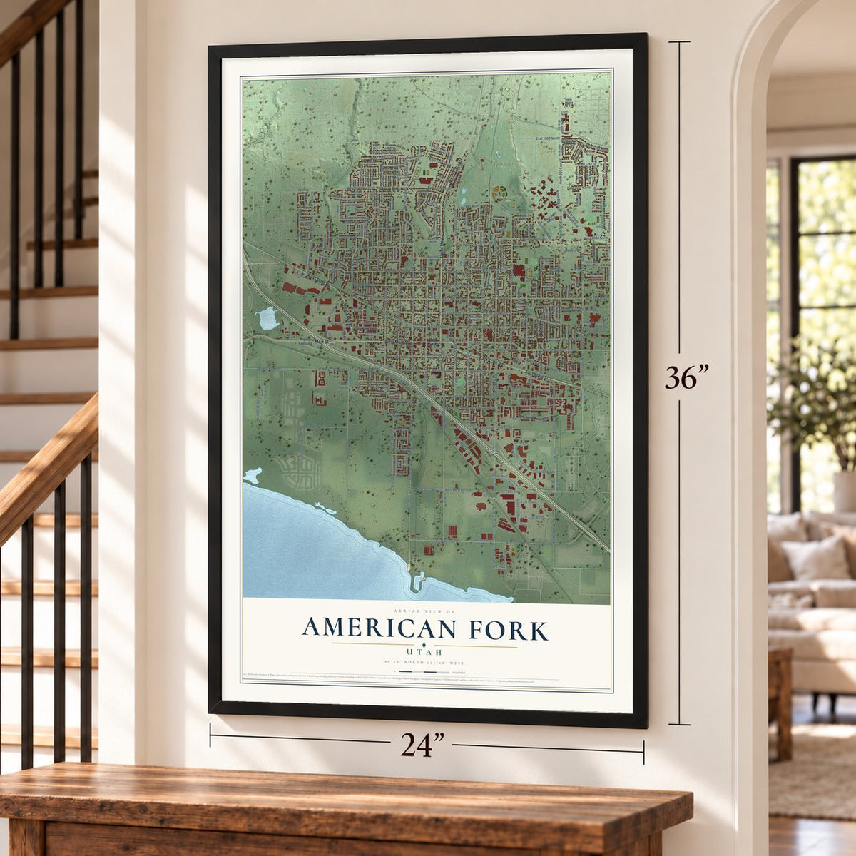 American Fork, Utah map, 24 x 36 inch print in a black frame by a staircase
