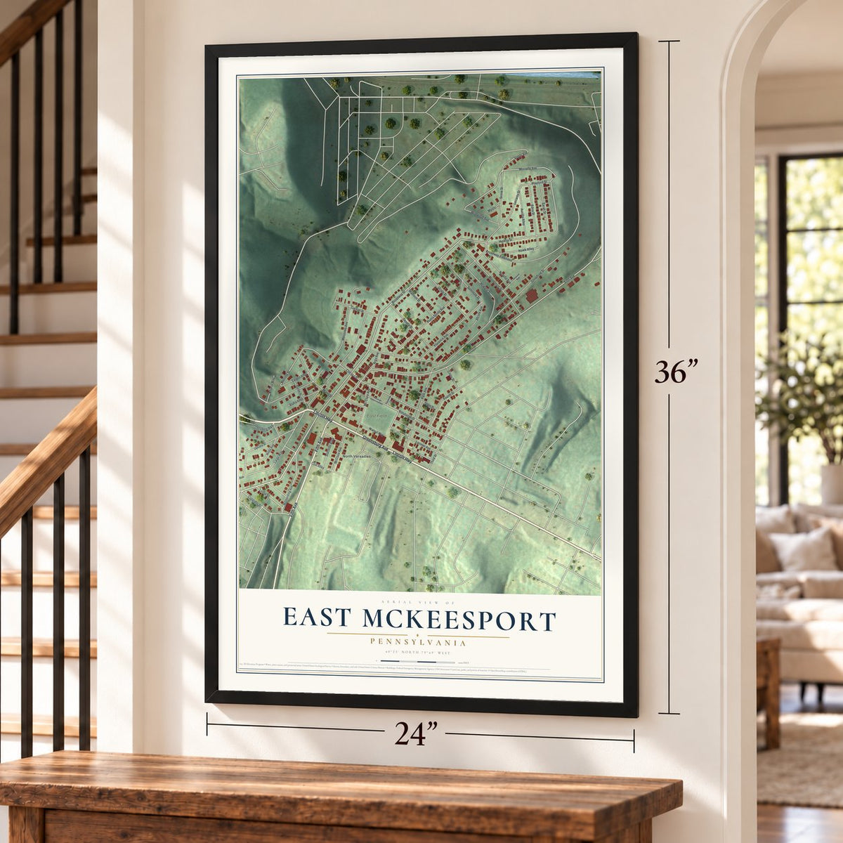 East McKeesport, Pennsylvania map, 24 x 36 inch print in a black frame by a staircase