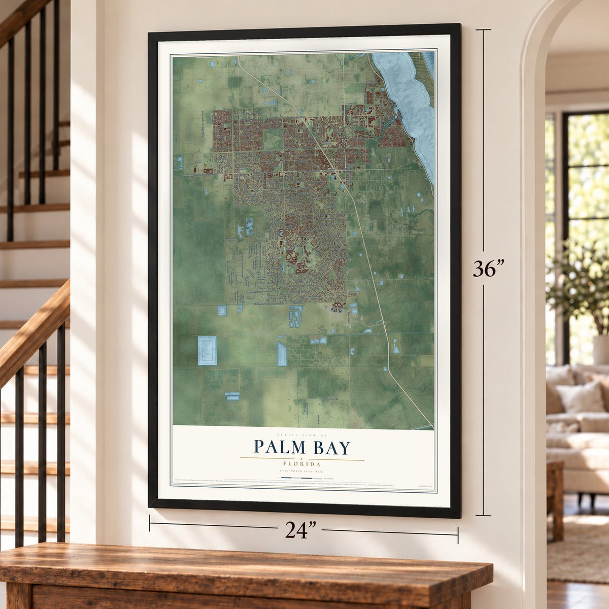 Palm Bay, Florida map, 24 x 36 inch print in a black frame by a staircase