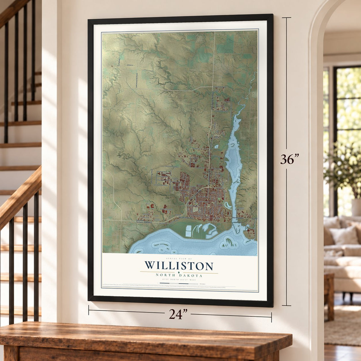 Williston, North Dakota map, 24 x 36 inch print in a black frame by a staircase