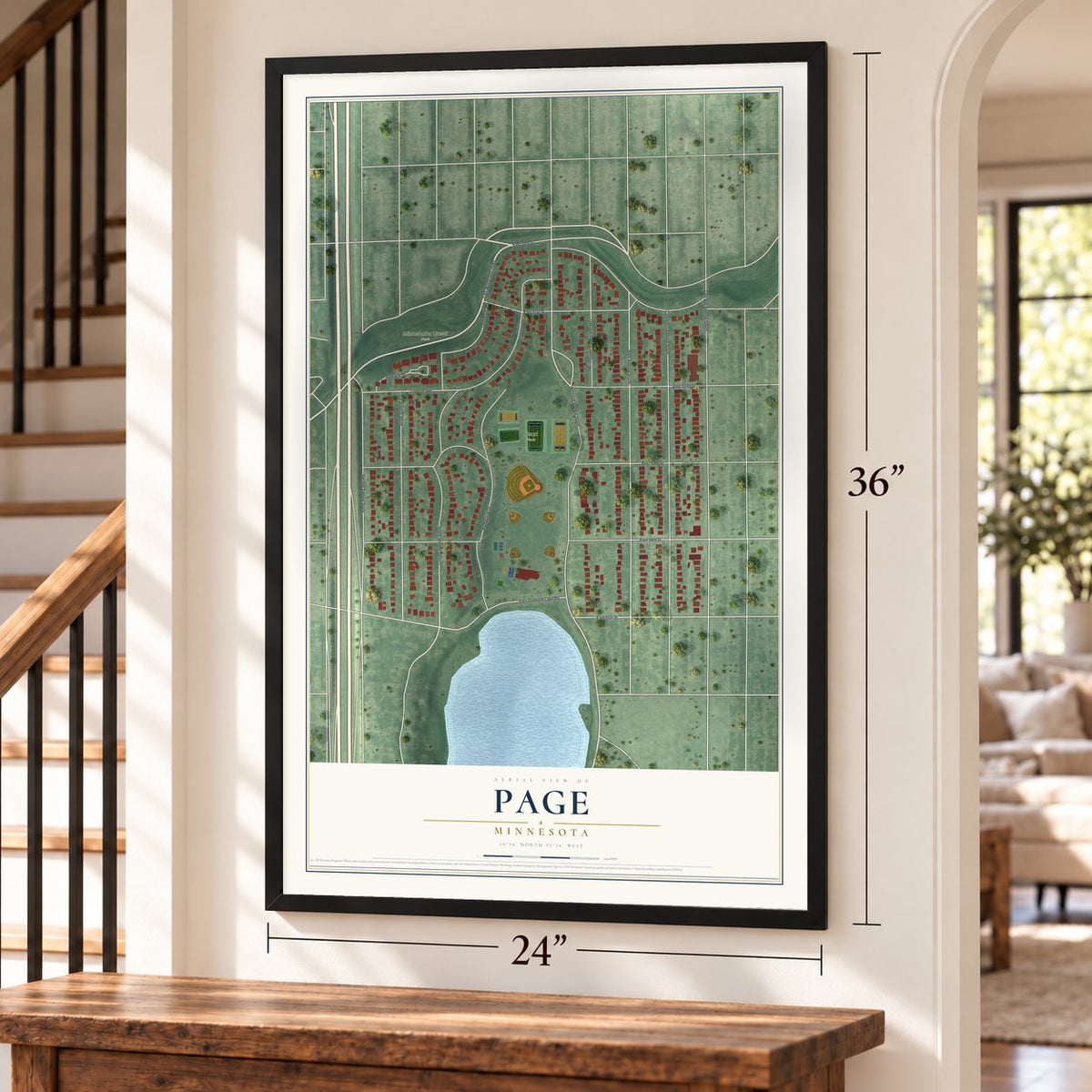 Page, Minnesota map, 24 x 36 inch print in a black frame by a staircase