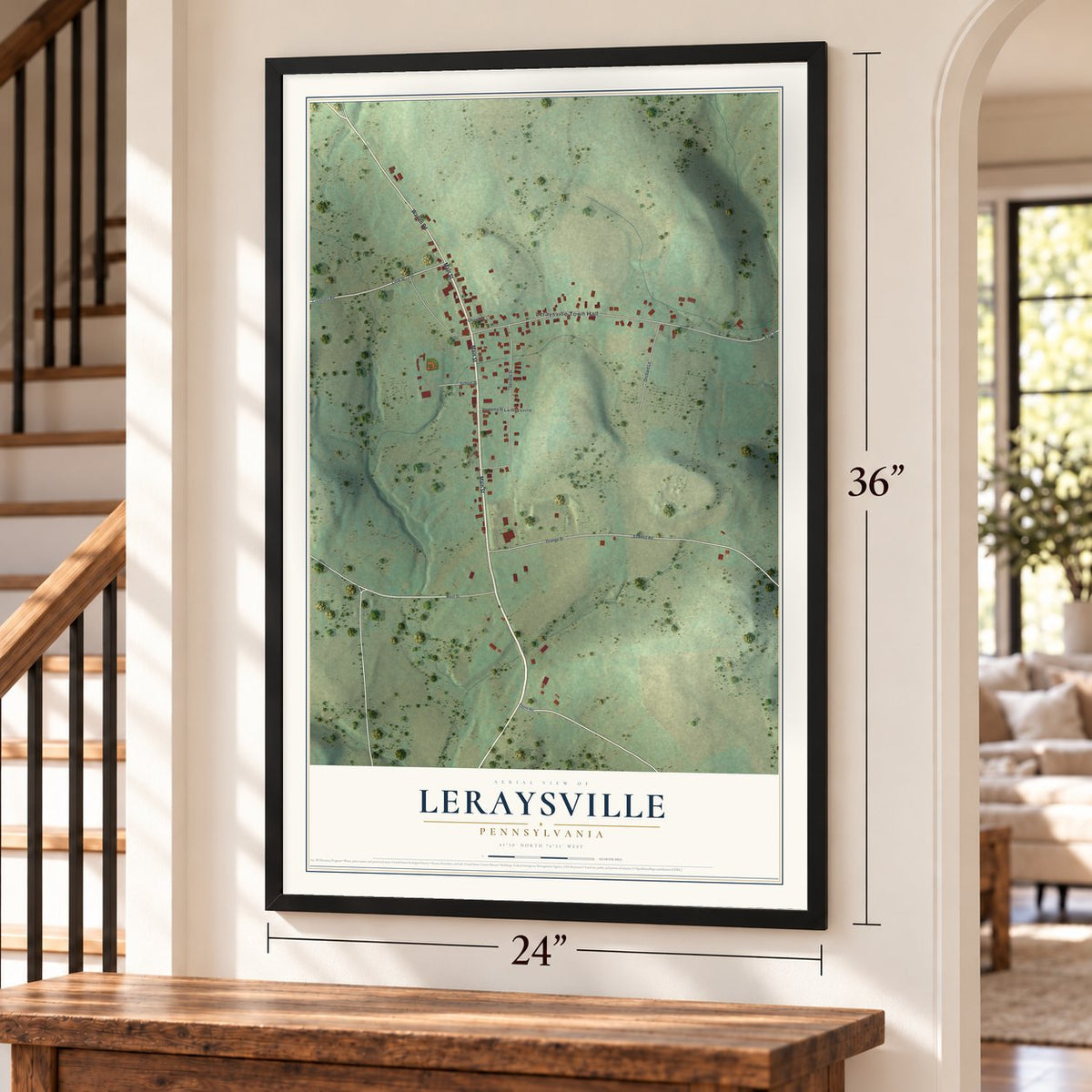 LeRaysville, Pennsylvania map, 24 x 36 inch print in a black frame by a staircase