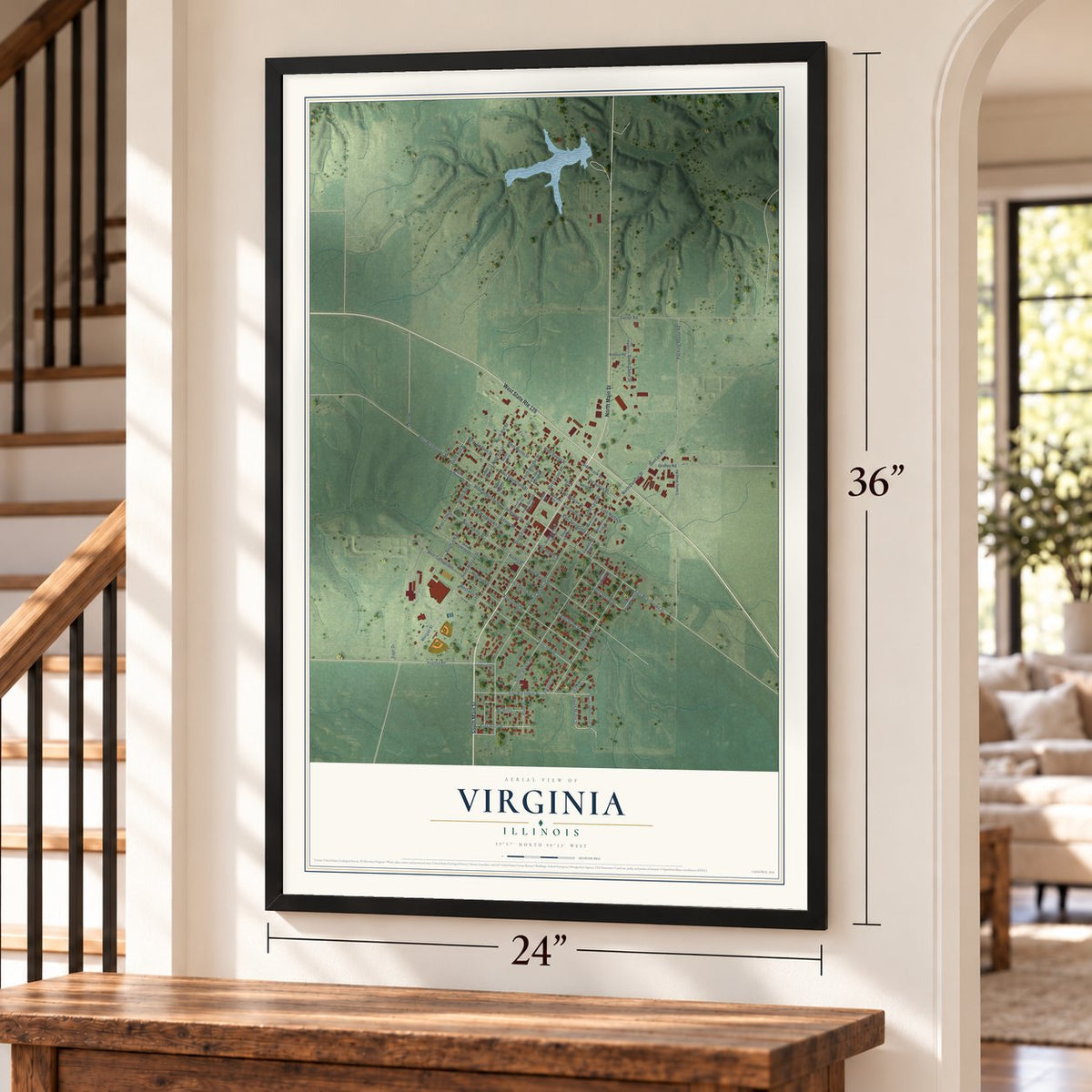 Virginia, Illinois map, 24 x 36 inch print in a black frame by a staircase