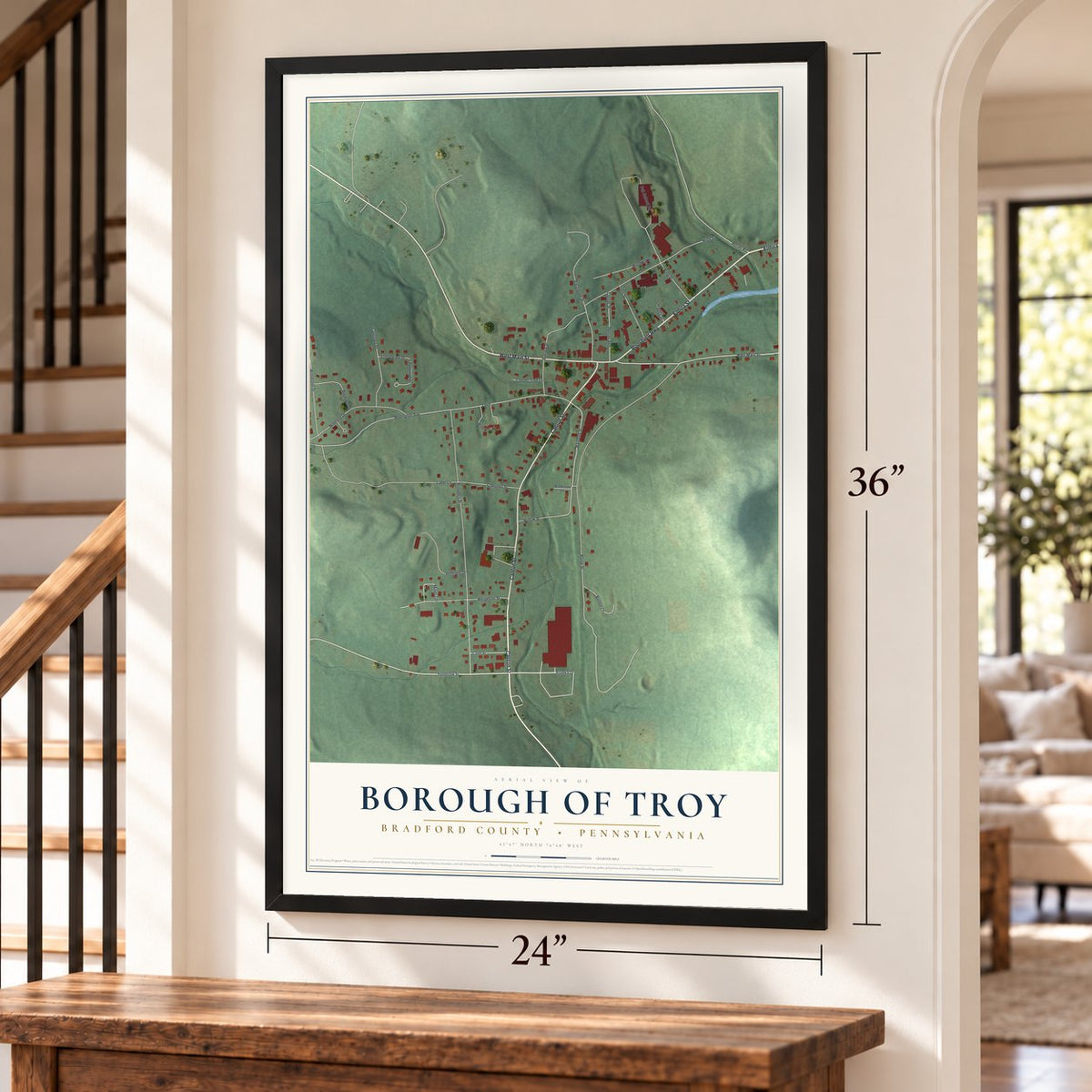 Borough of Troy, Bradford County, Pennsylvania map, 24 x 36 inch print in a black frame by a staircase