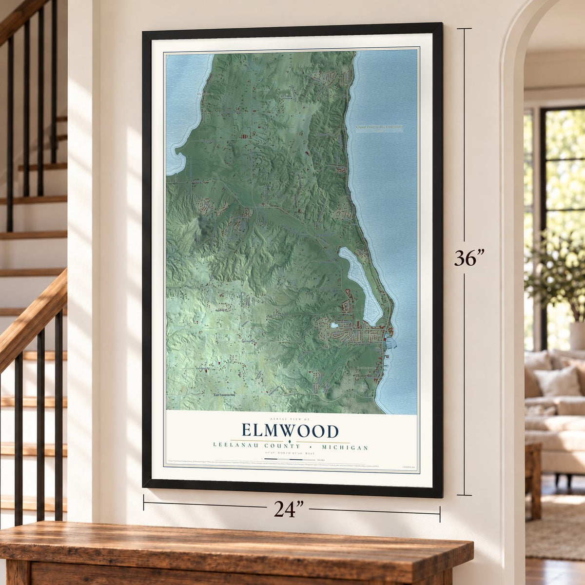 Elmwood, Leelanau County, Michigan map, 24 x 36 inch print in a black frame by a staircase