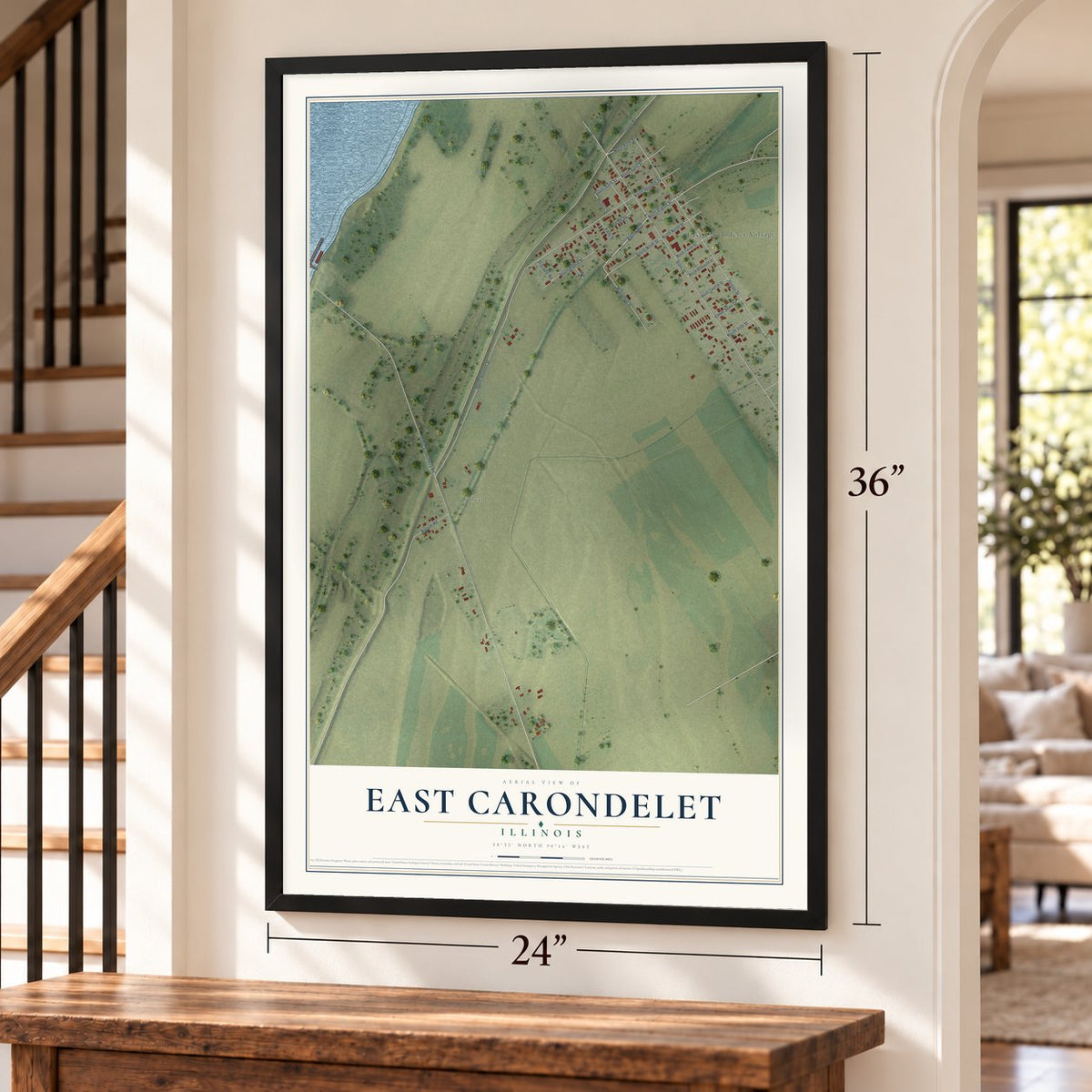 East Carondelet, Illinois map, 24 x 36 inch print in a black frame by a staircase