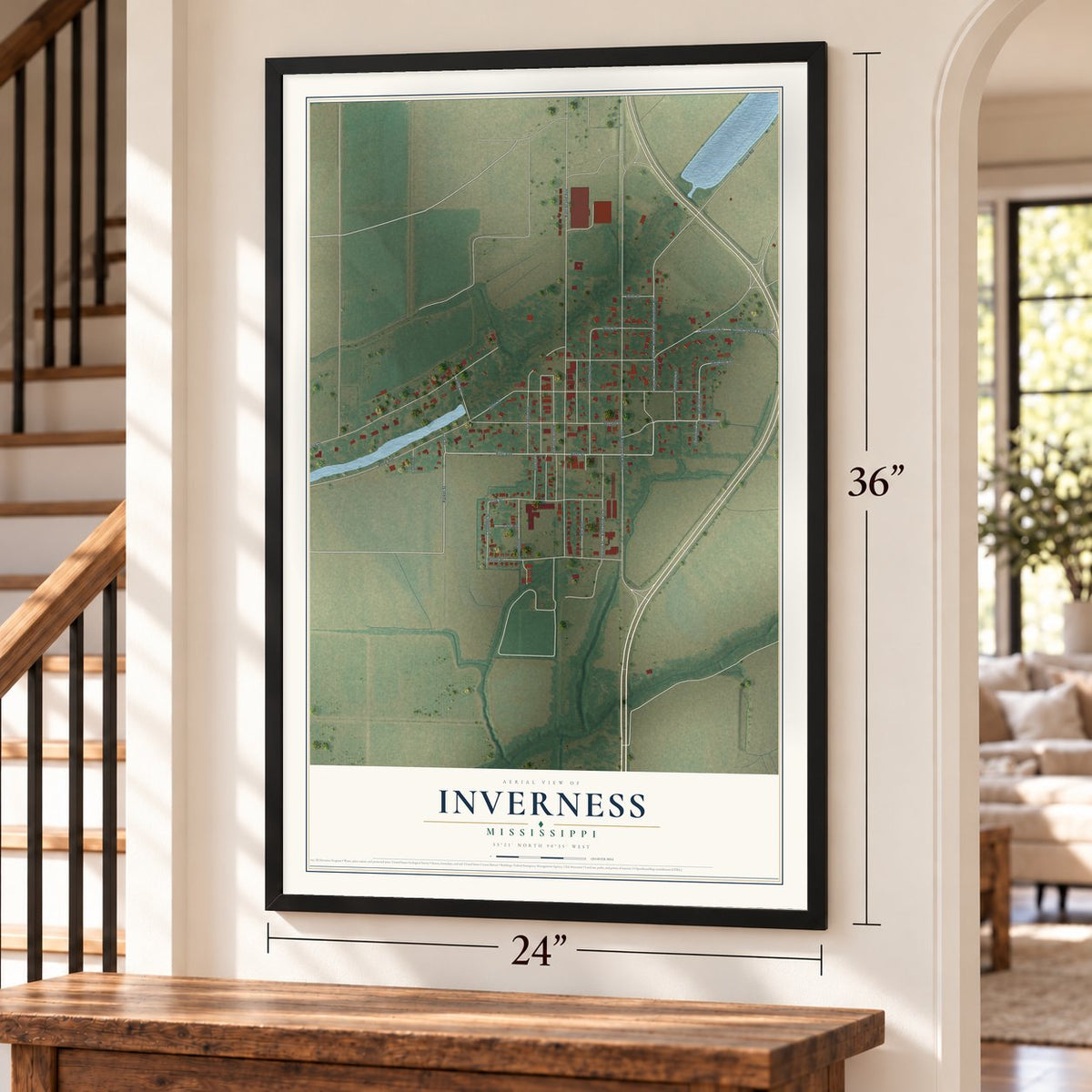 Inverness, Mississippi map, 24 x 36 inch print in a black frame by a staircase