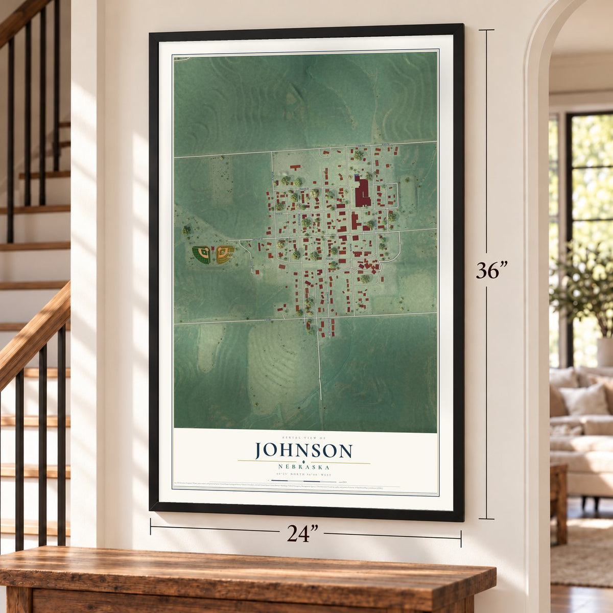 Johnson, Nebraska map, 24 x 36 inch print in a black frame by a staircase