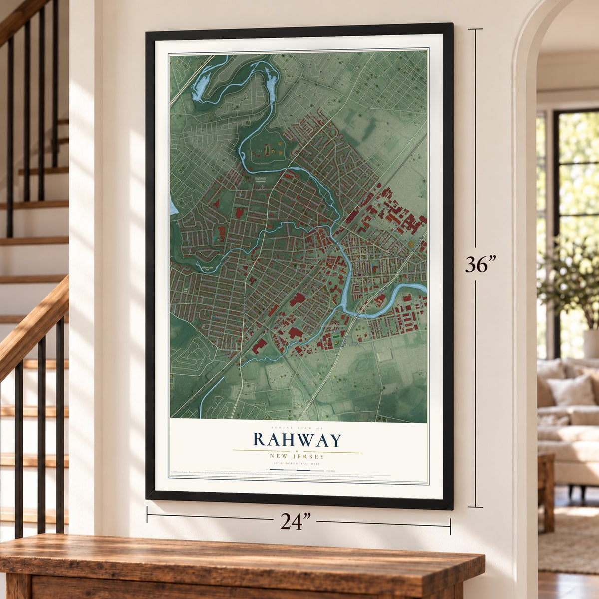 Rahway, New Jersey map, 24 x 36 inch print in a black frame by a staircase