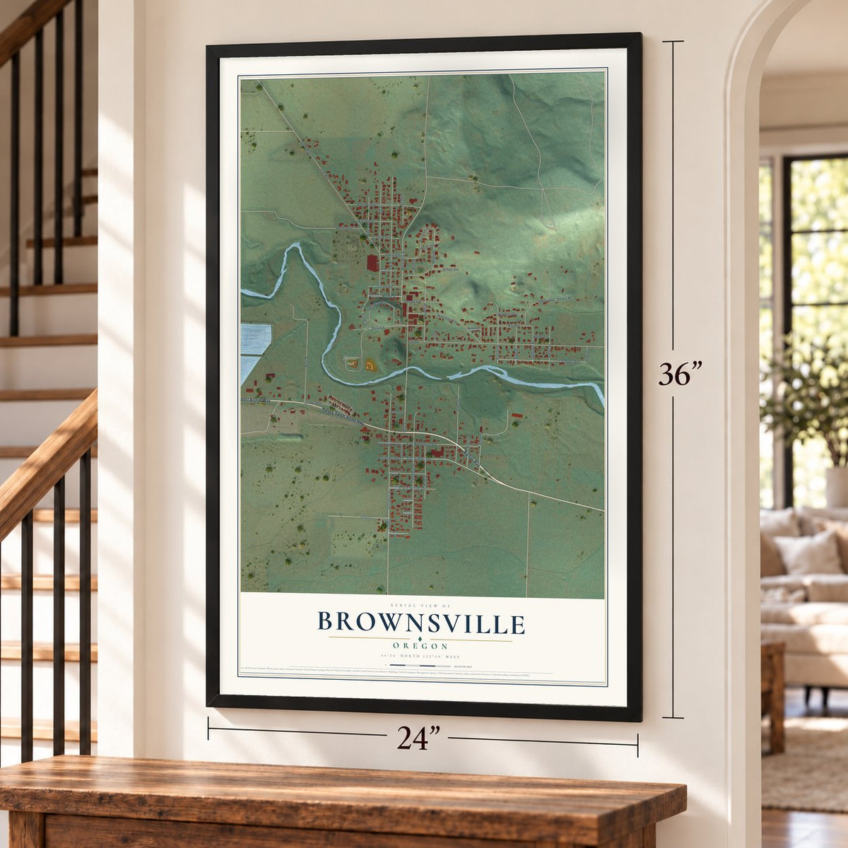 Brownsville, Oregon map, 24 x 36 inch print in a black frame by a staircase