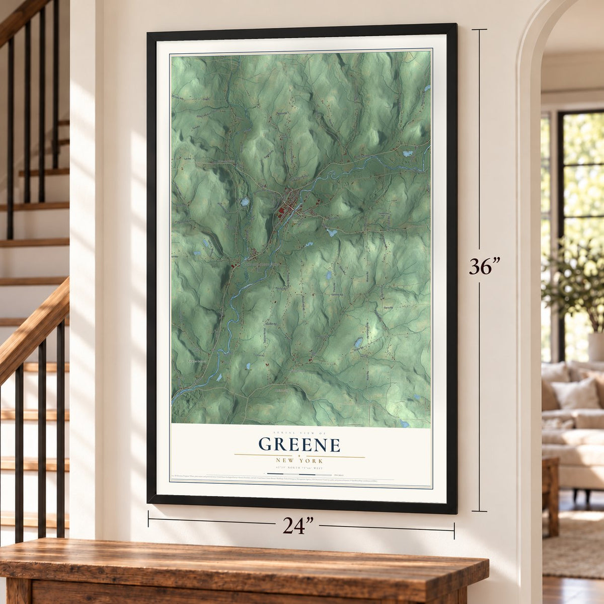 Greene, New York map, 24 x 36 inch print in a black frame by a staircase