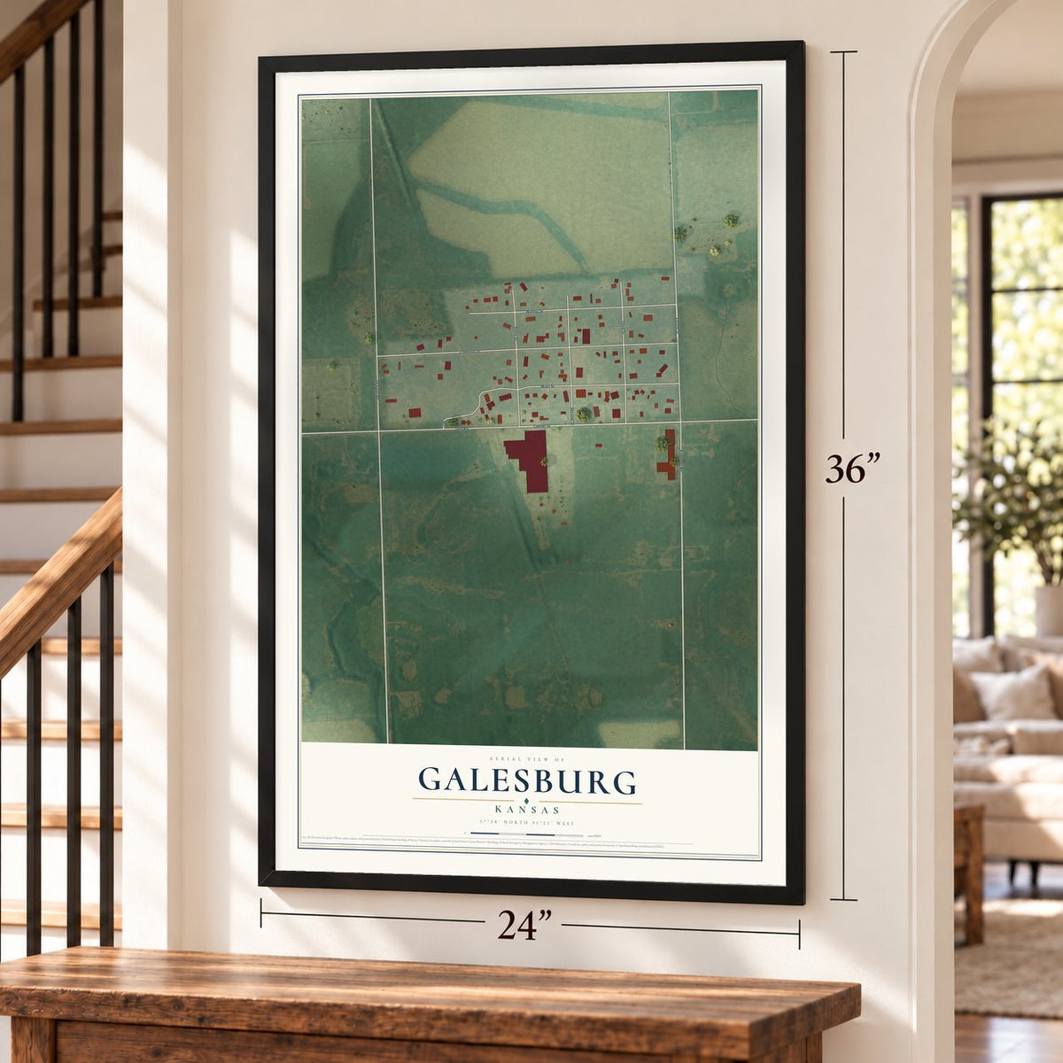 Galesburg, Kansas map, 24 x 36 inch print in a black frame by a staircase