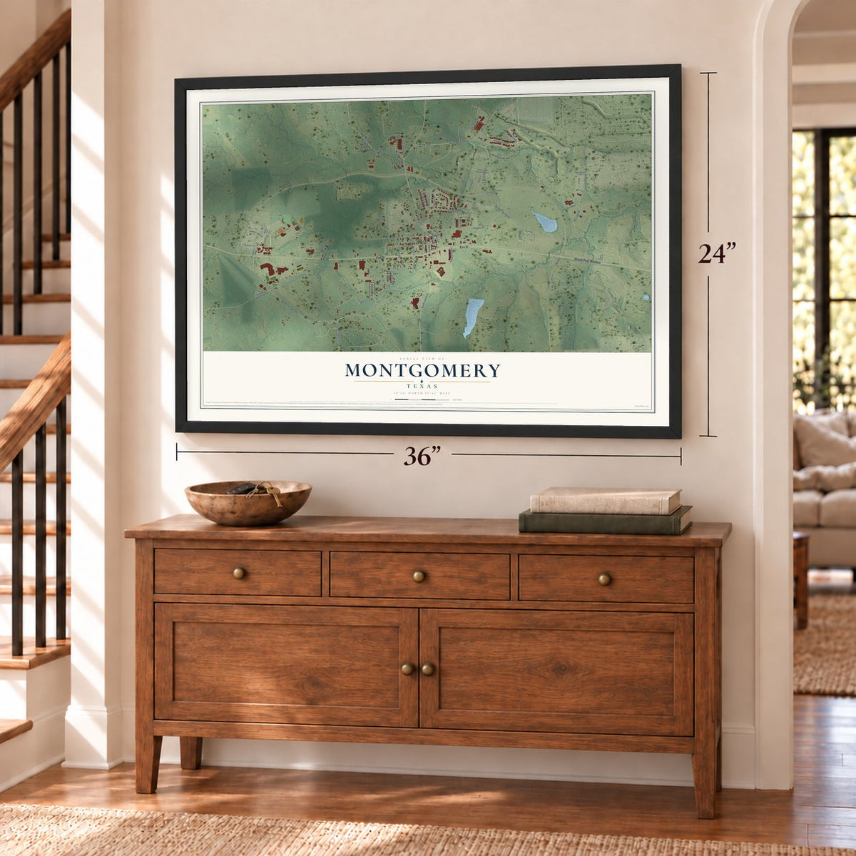 Montgomery, Texas map, 24 x 36 inch print in a black frame above a dresser by a staircase