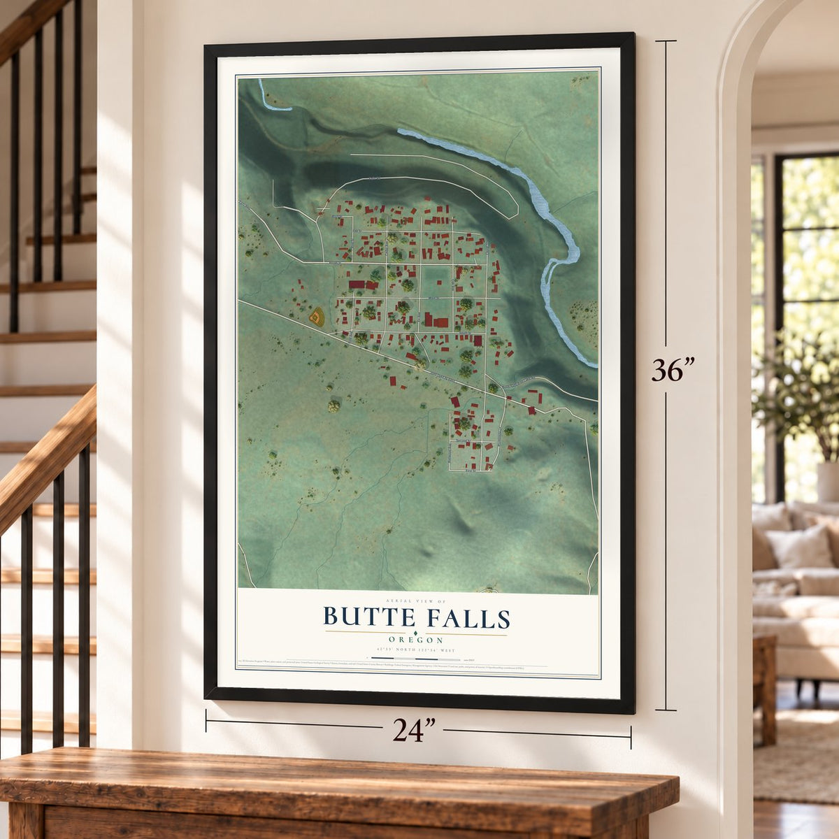 Butte Falls, Oregon map, 24 x 36 inch print in a black frame by a staircase