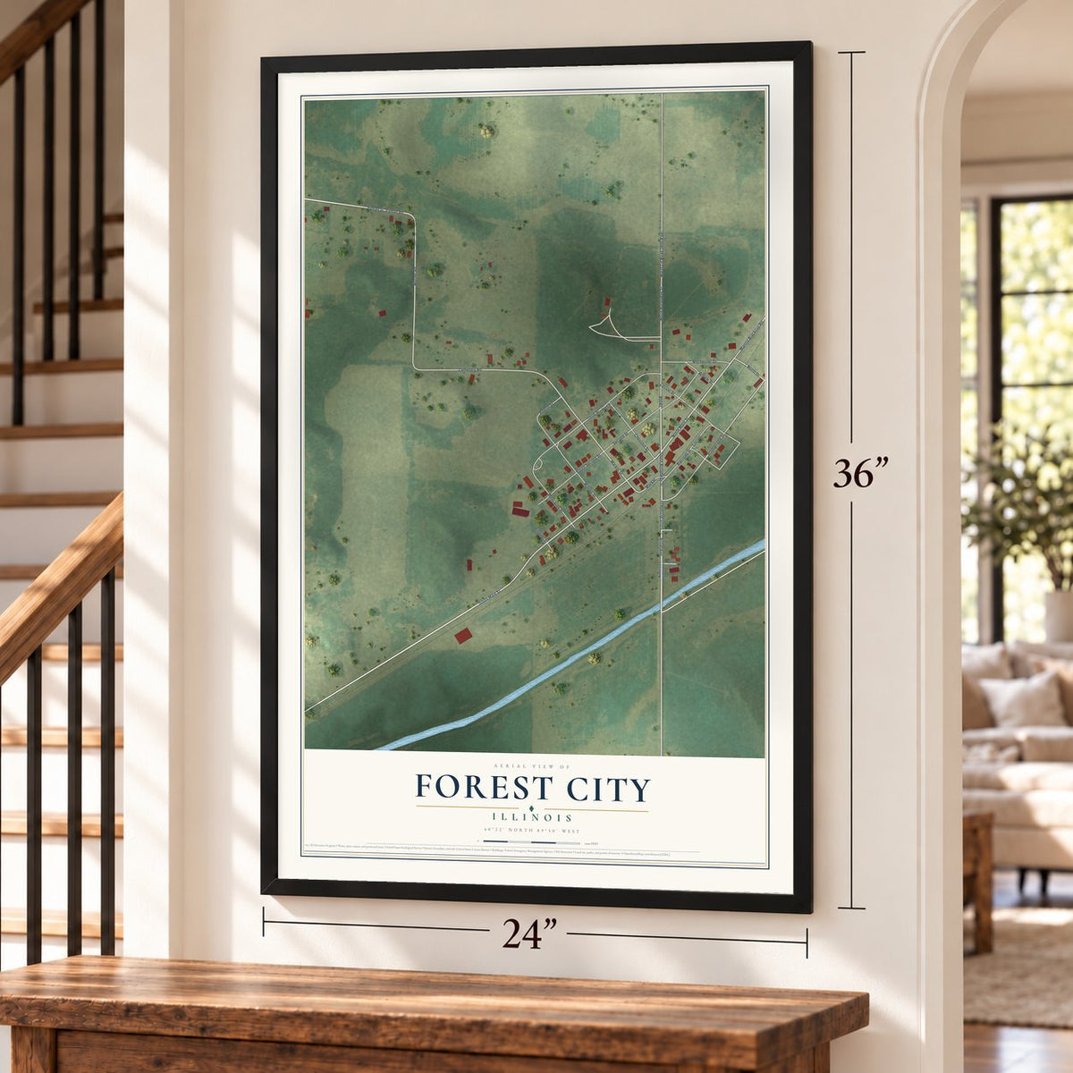 Forest City, Illinois map, 24 x 36 inch print in a black frame by a staircase