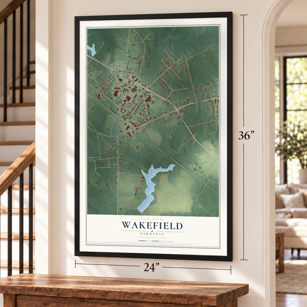 Wakefield, Virginia map, 24 x 36 inch print in a black frame by a staircase