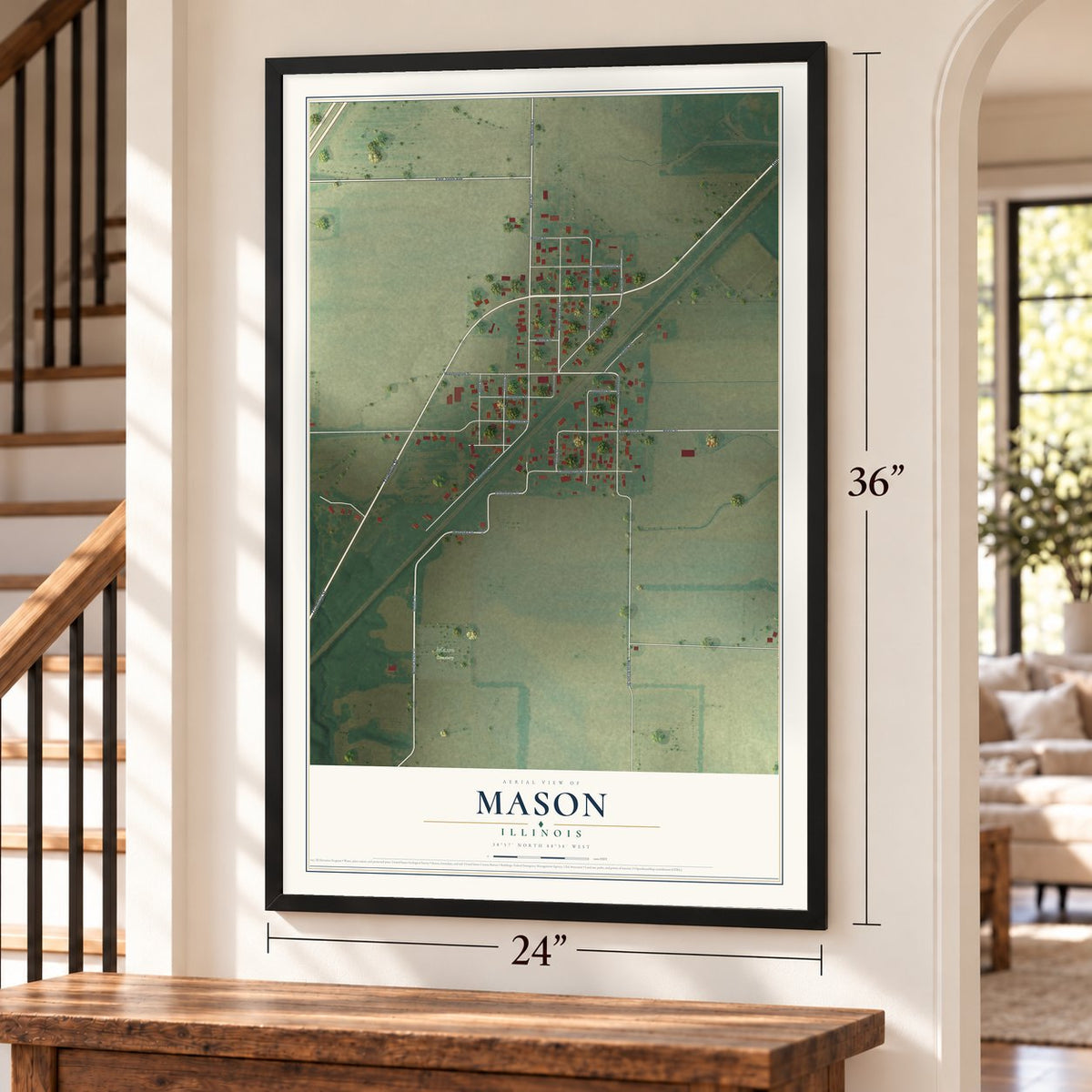 Mason, Illinois map, 24 x 36 inch print in a black frame by a staircase