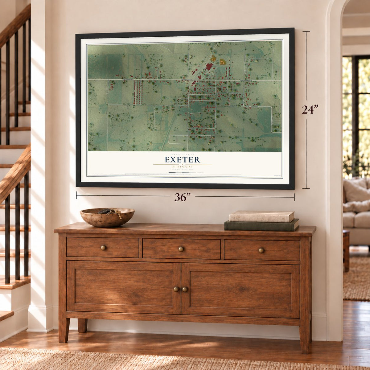 Exeter, Missouri map, 24 x 36 inch print in a black frame above a dresser by a staircase