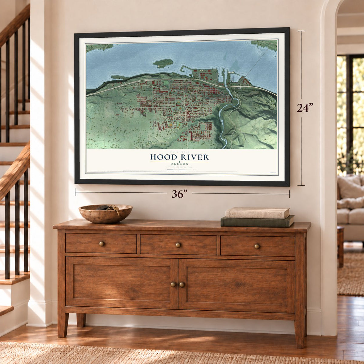 Hood River, Oregon map, 24 x 36 inch print in a black frame above a dresser by a staircase