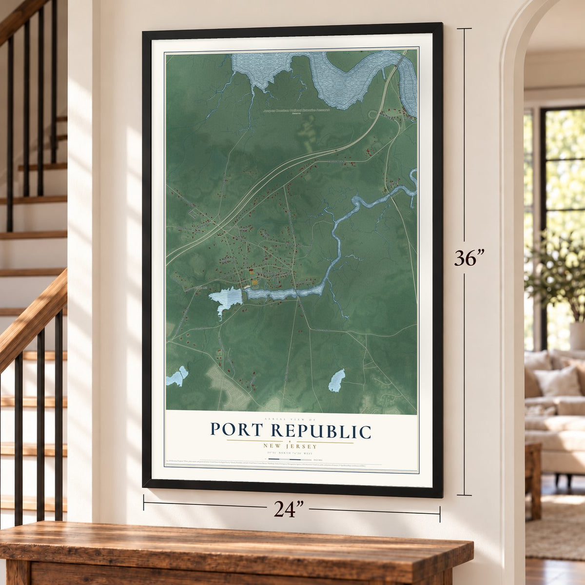 Port Republic, New Jersey map, 24 x 36 inch print in a black frame by a staircase