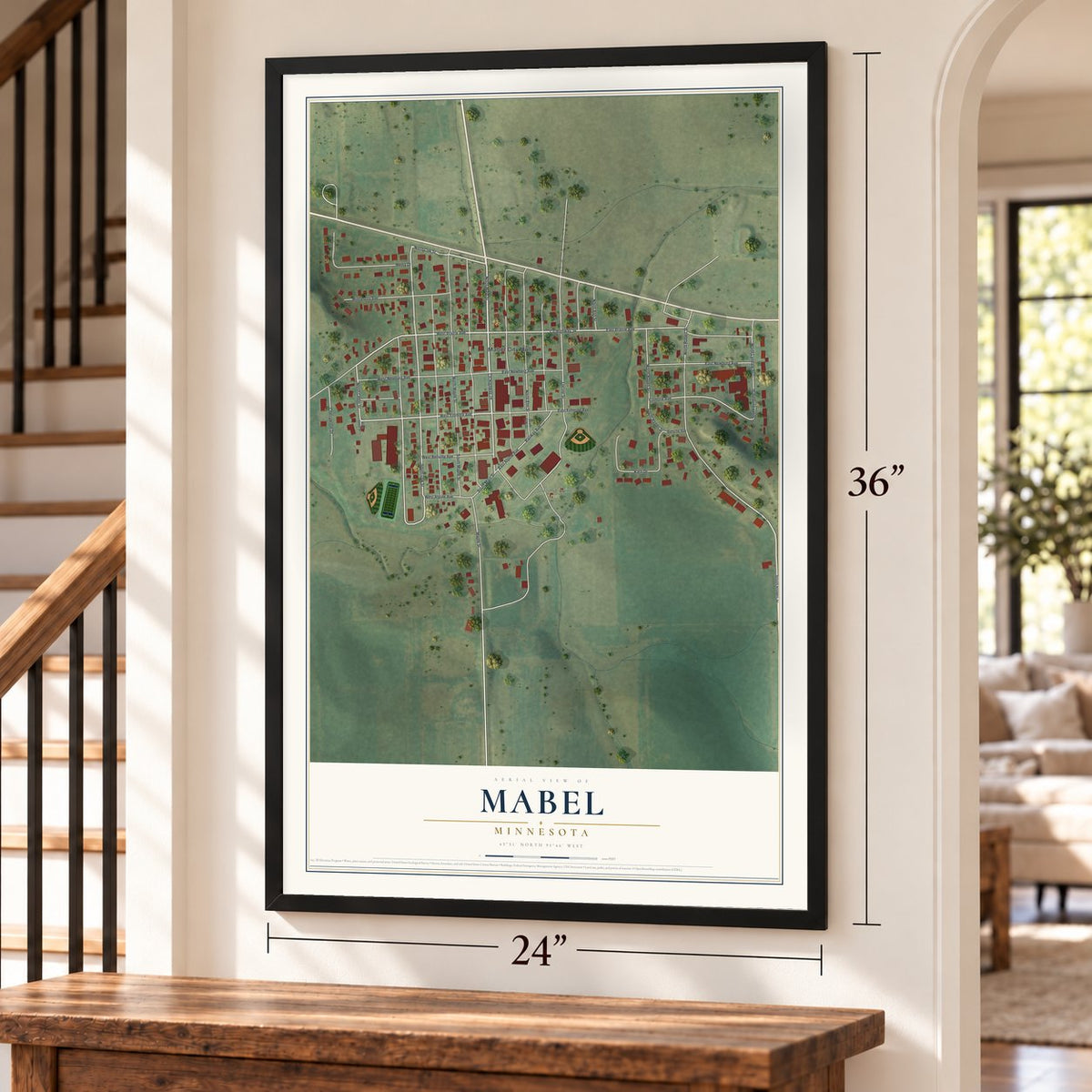 Mabel, Minnesota map, 24 x 36 inch print in a black frame by a staircase
