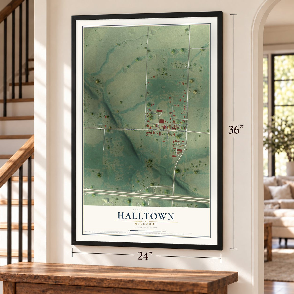 Halltown, Missouri map, 24 x 36 inch print in a black frame by a staircase