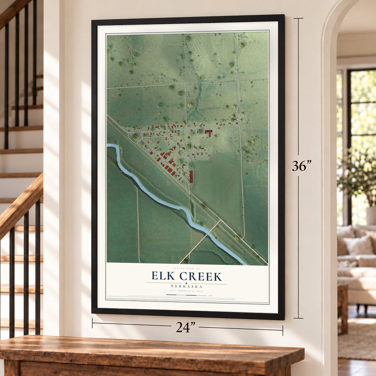 Elk Creek, Nebraska map, 24 x 36 inch print in a black frame by a staircase