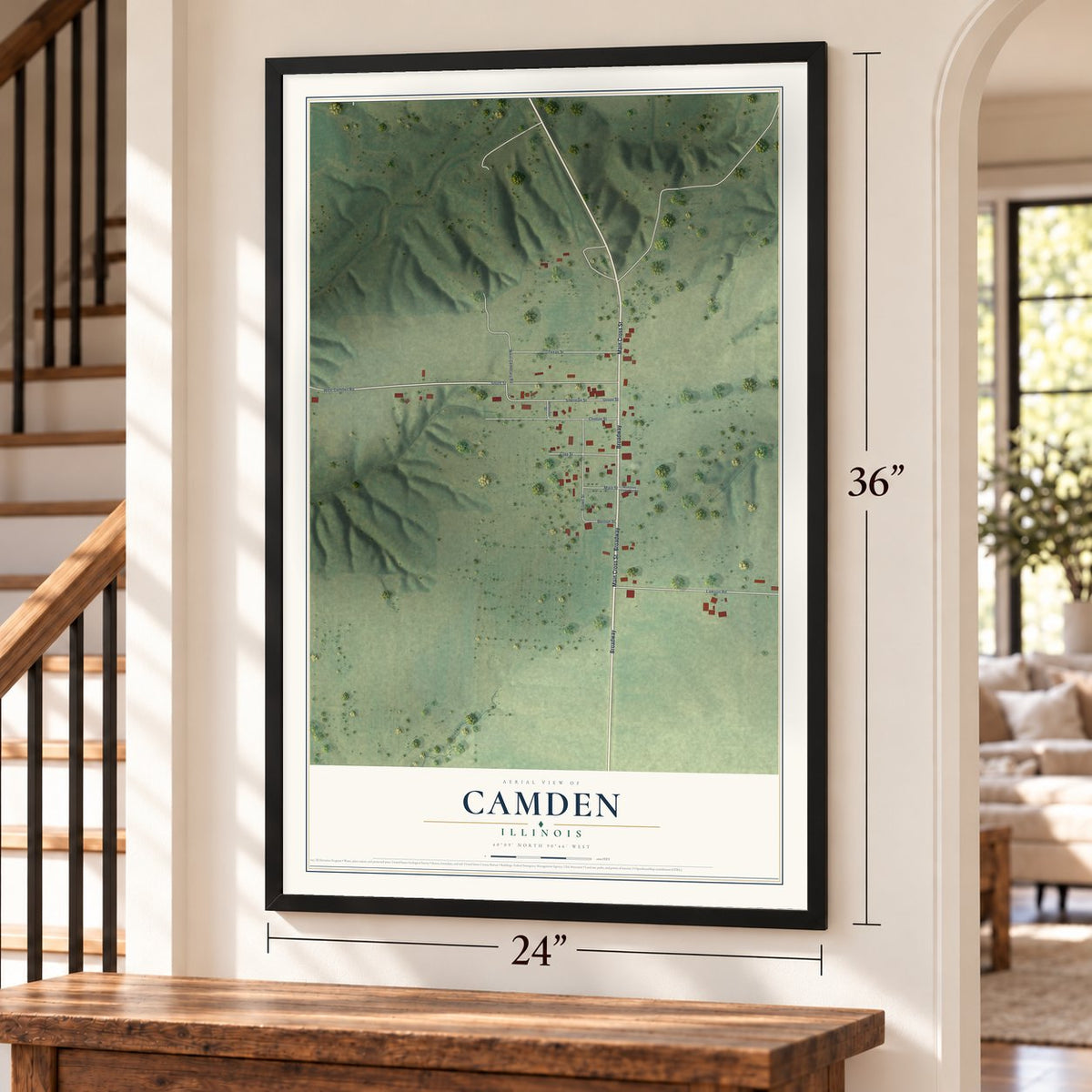 Camden, Illinois map, 24 x 36 inch print in a black frame by a staircase