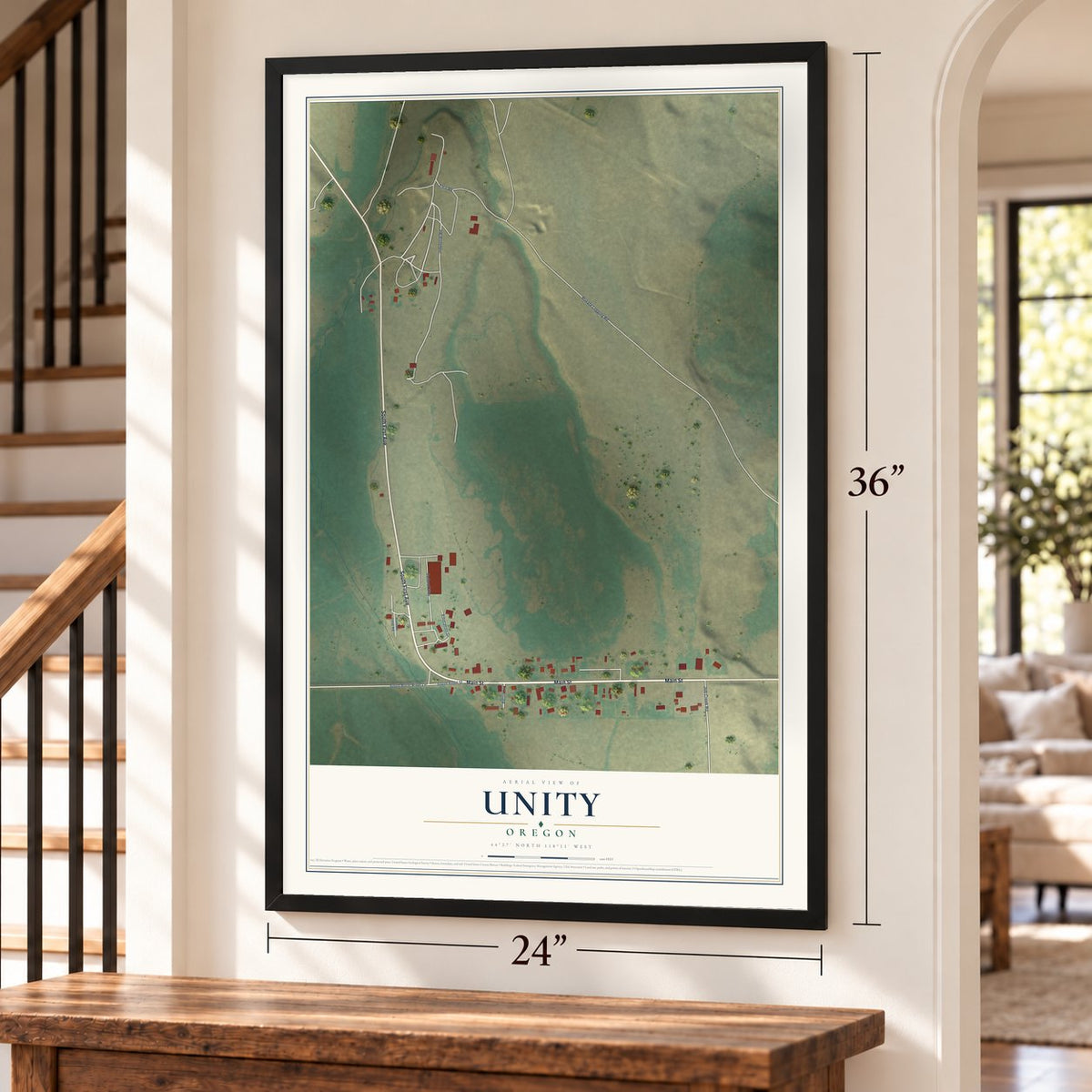 Unity, Oregon map, 24 x 36 inch print in a black frame by a staircase