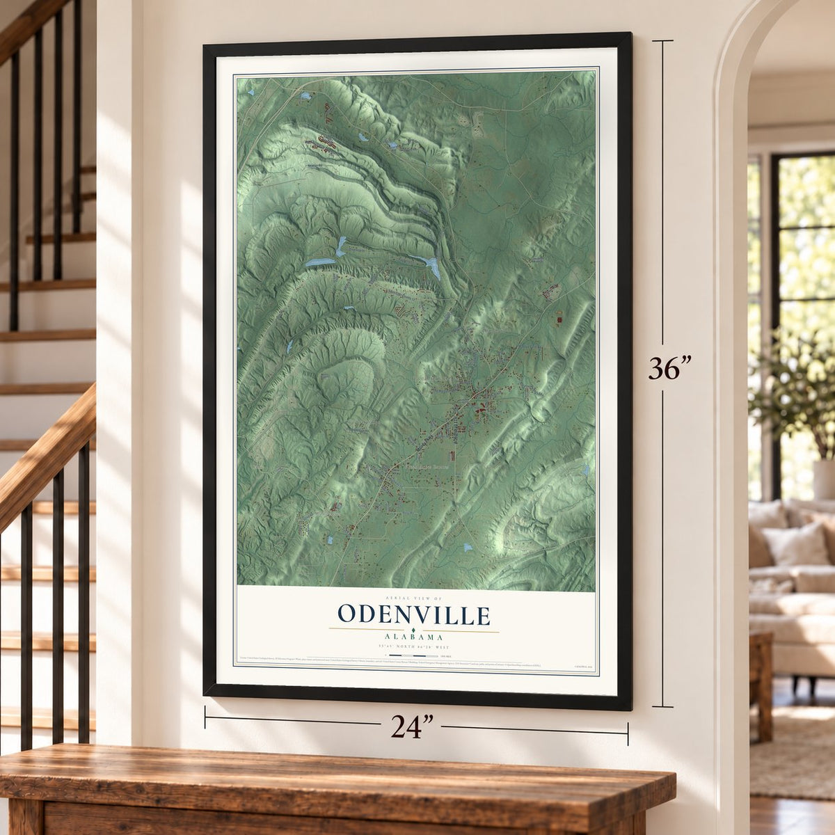 Odenville, Alabama map, 24 x 36 inch print in a black frame by a staircase