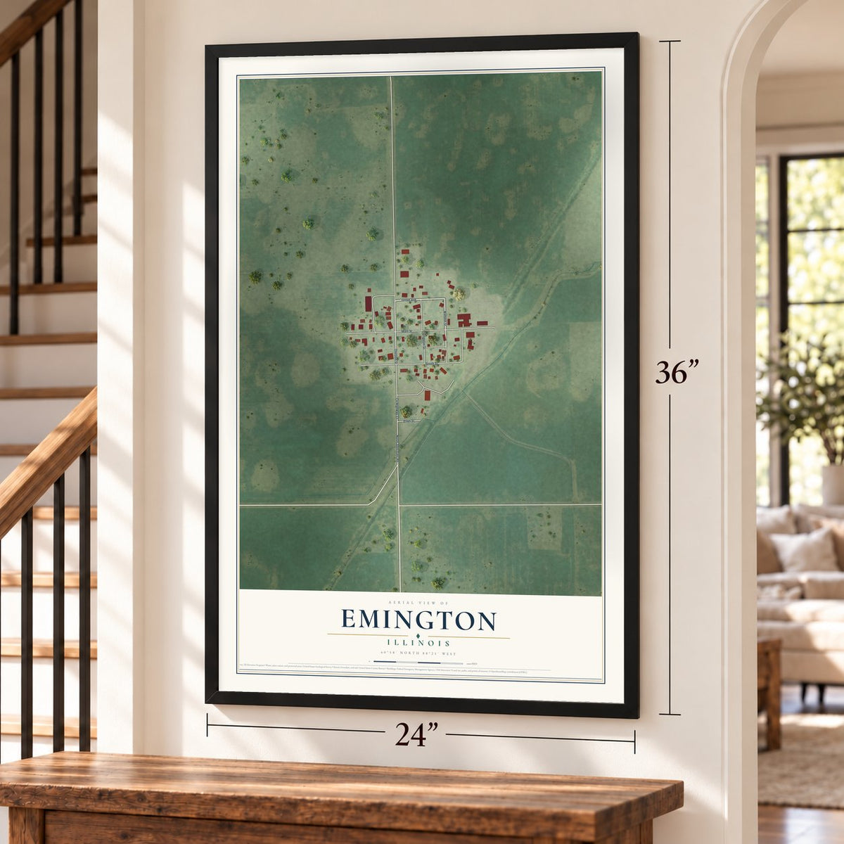 Emington, Illinois map, 24 x 36 inch print in a black frame by a staircase