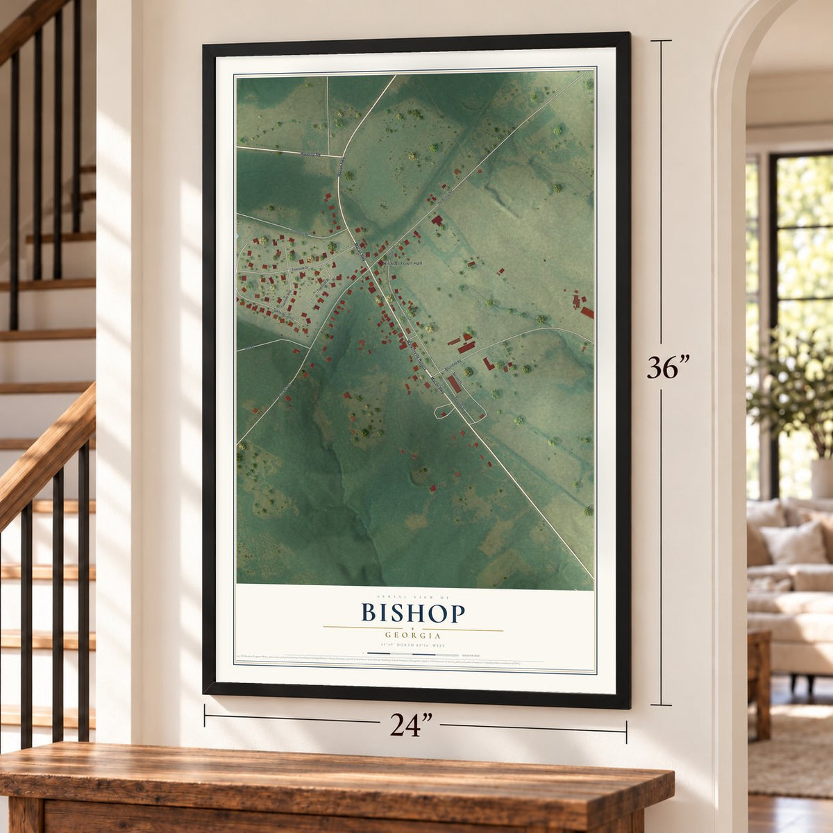 Bishop, Georgia map, 24 x 36 inch print in a black frame by a staircase