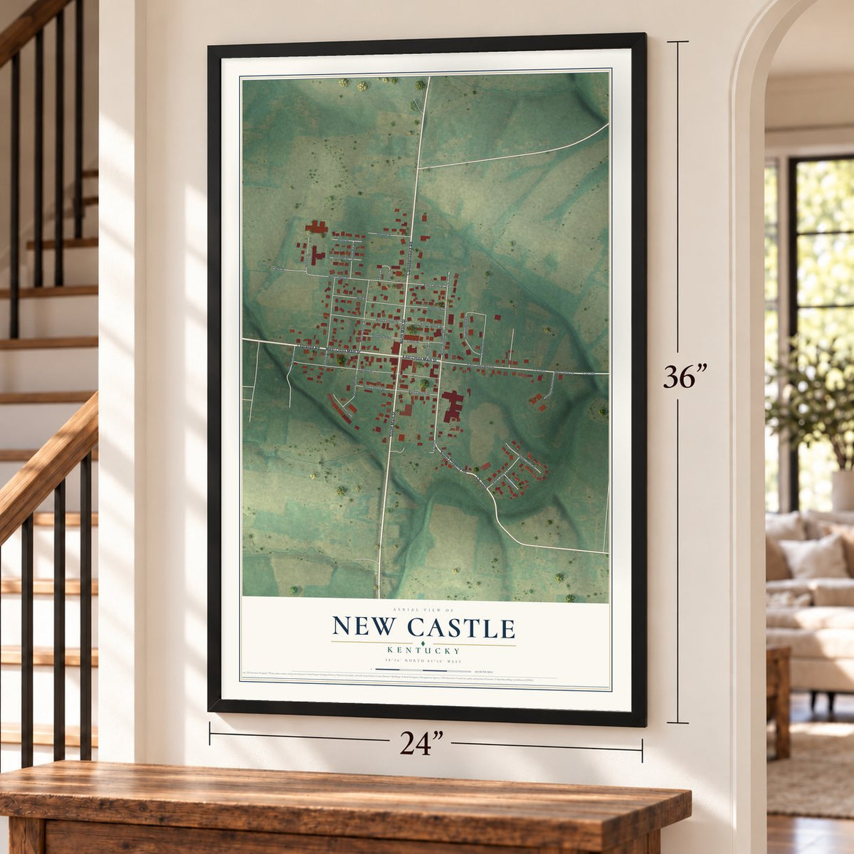 New Castle, Kentucky map, 24 x 36 inch print in a black frame by a staircase