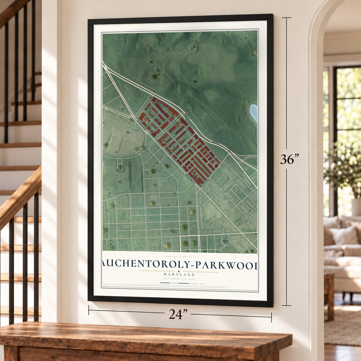Auchentoroly-Parkwood, Maryland map, 24 x 36 inch print in a black frame by a staircase