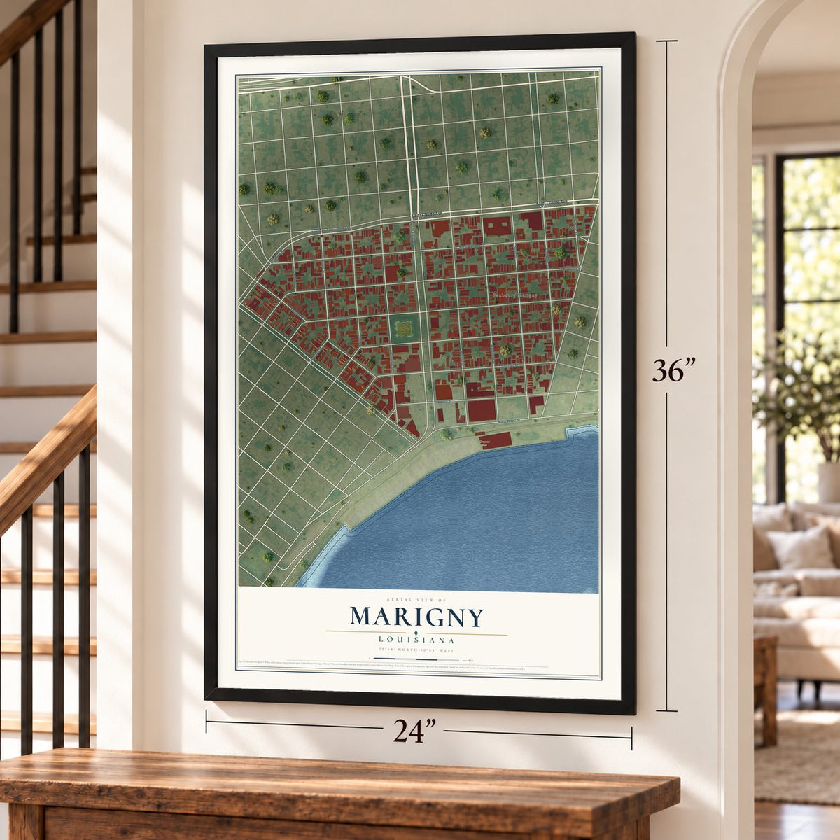 Marigny, Louisiana map, 24 x 36 inch print in a black frame by a staircase