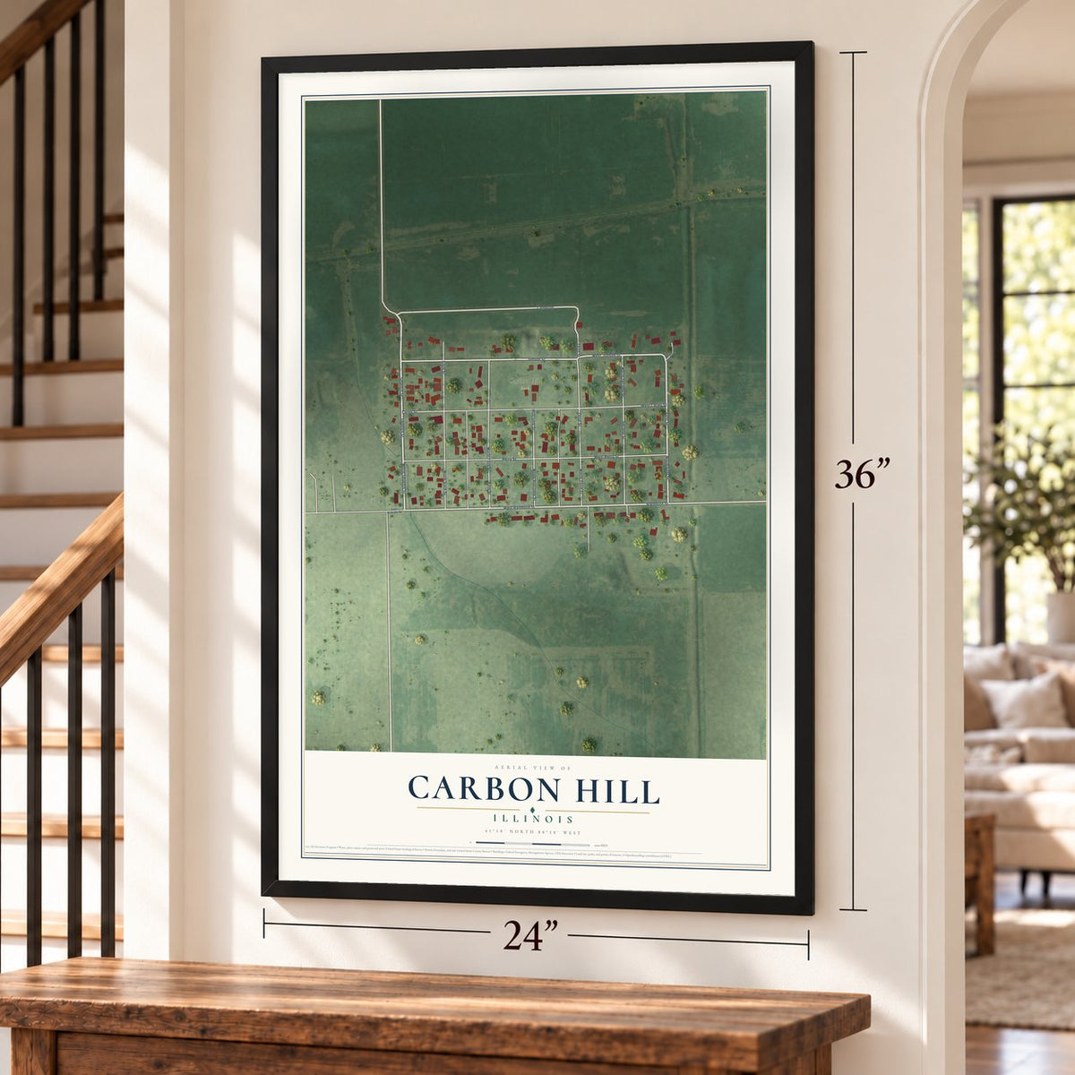 Carbon Hill, Illinois map, 24 x 36 inch print in a black frame by a staircase