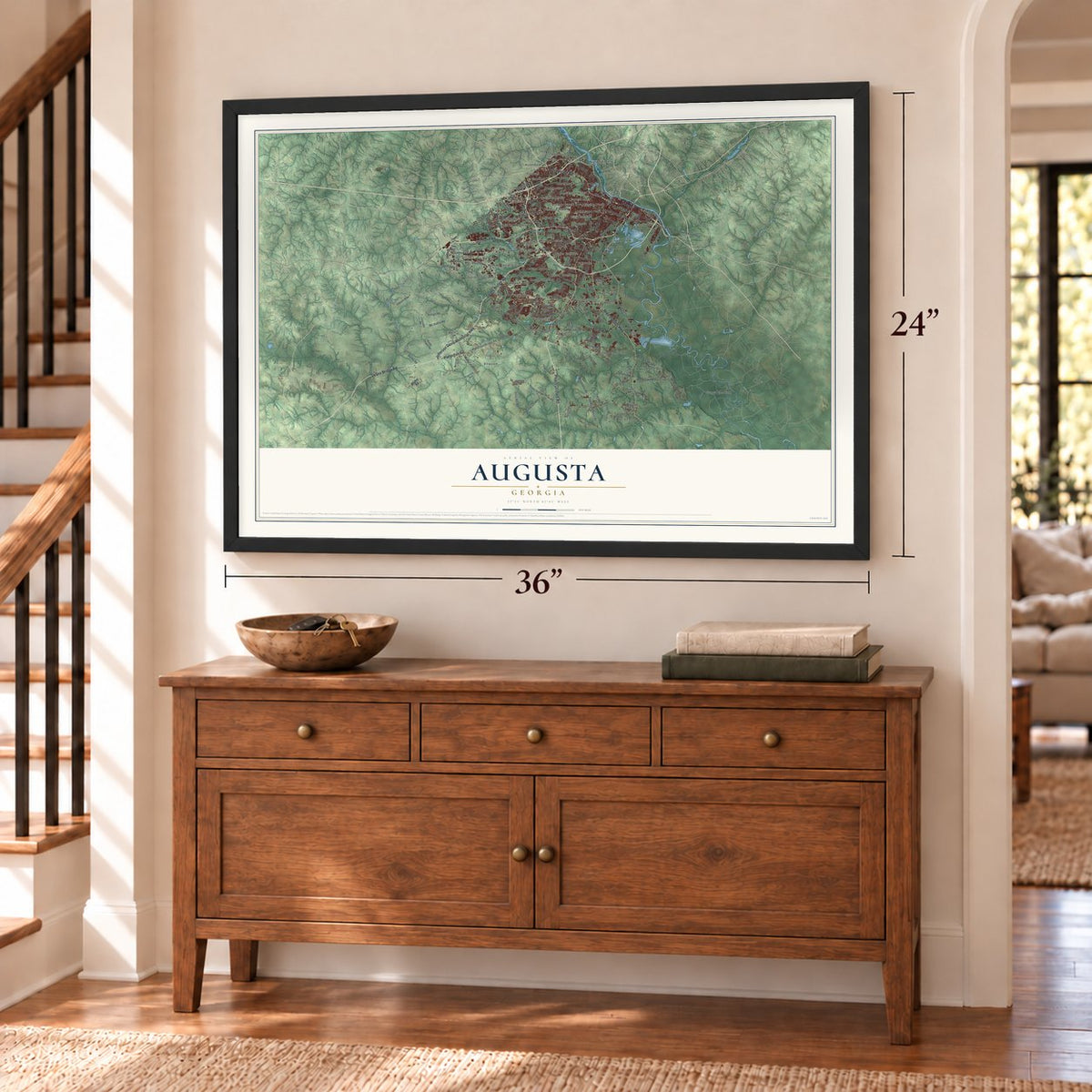 Augusta, Georgia map, 24 x 36 inch print in a black frame above a dresser by a staircase