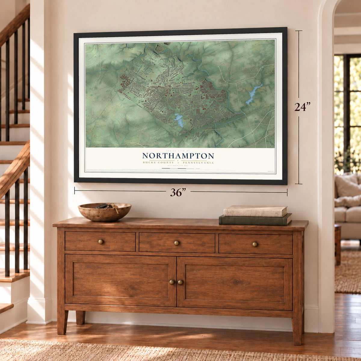 Northampton, Bucks County, Pennsylvania map, 24 x 36 inch print in a black frame above a dresser by a staircase