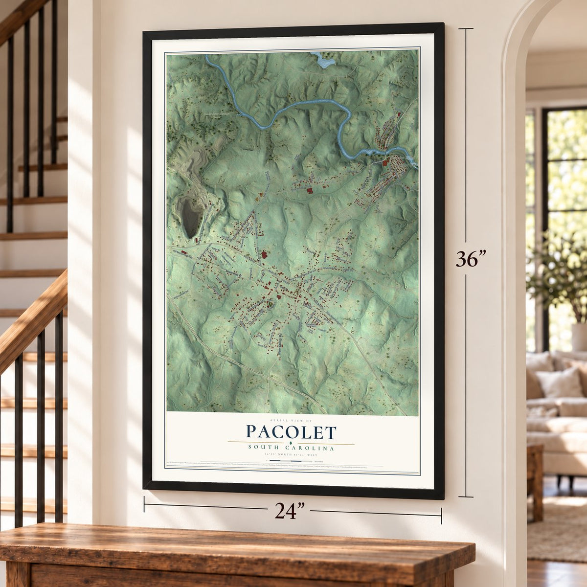 Pacolet, South Carolina map, 24 x 36 inch print in a black frame by a staircase