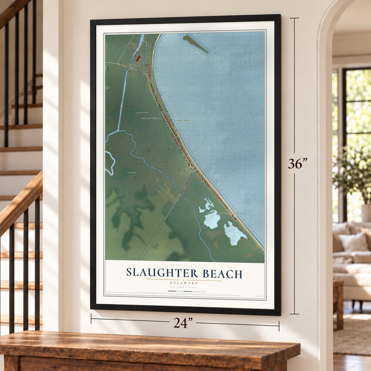 Slaughter Beach, Delaware map, 24 x 36 inch print in a black frame by a staircase