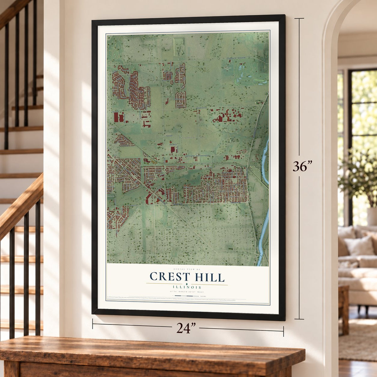 Crest Hill, Illinois map, 24 x 36 inch print in a black frame by a staircase