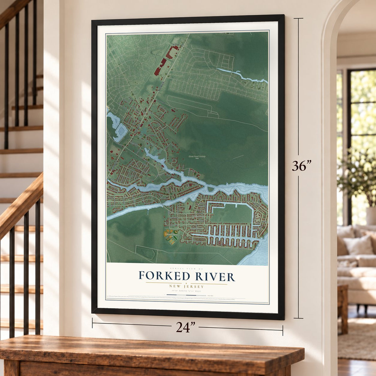 Forked River, New Jersey map, 24 x 36 inch print in a black frame by a staircase