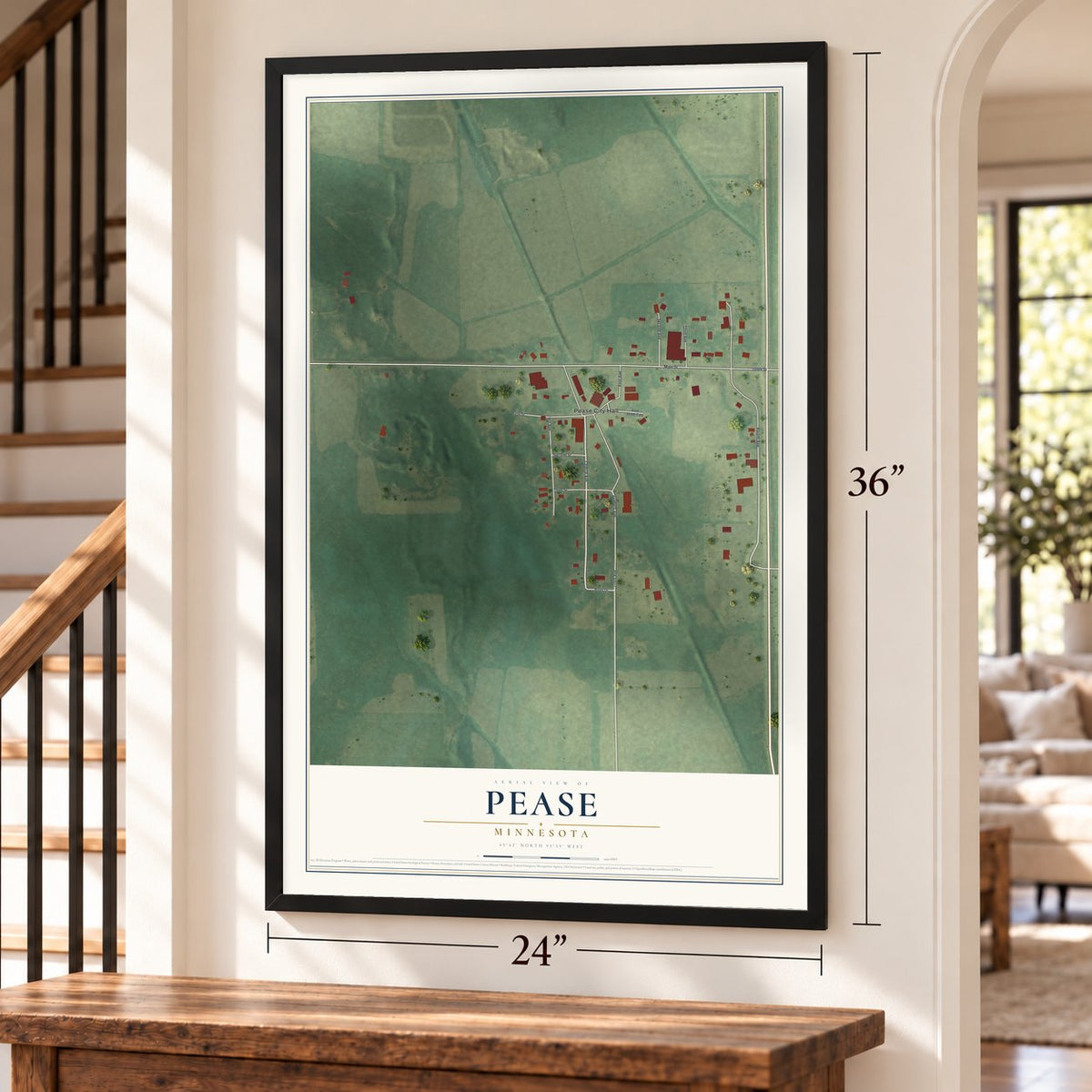 Pease, Minnesota map, 24 x 36 inch print in a black frame by a staircase