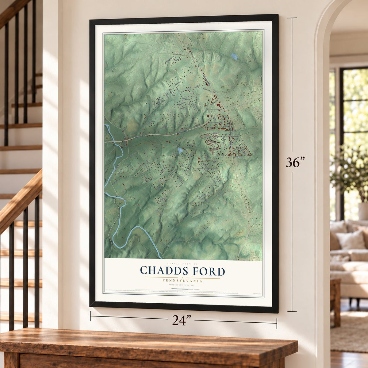 Chadds Ford, Pennsylvania map, 24 x 36 inch print in a black frame by a staircase