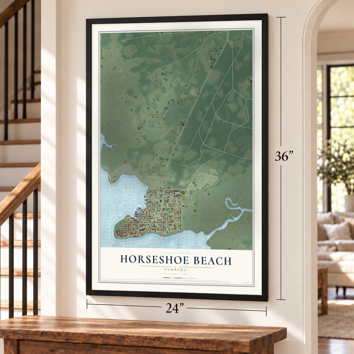 Horseshoe Beach, Florida map, 24 x 36 inch print in a black frame by a staircase