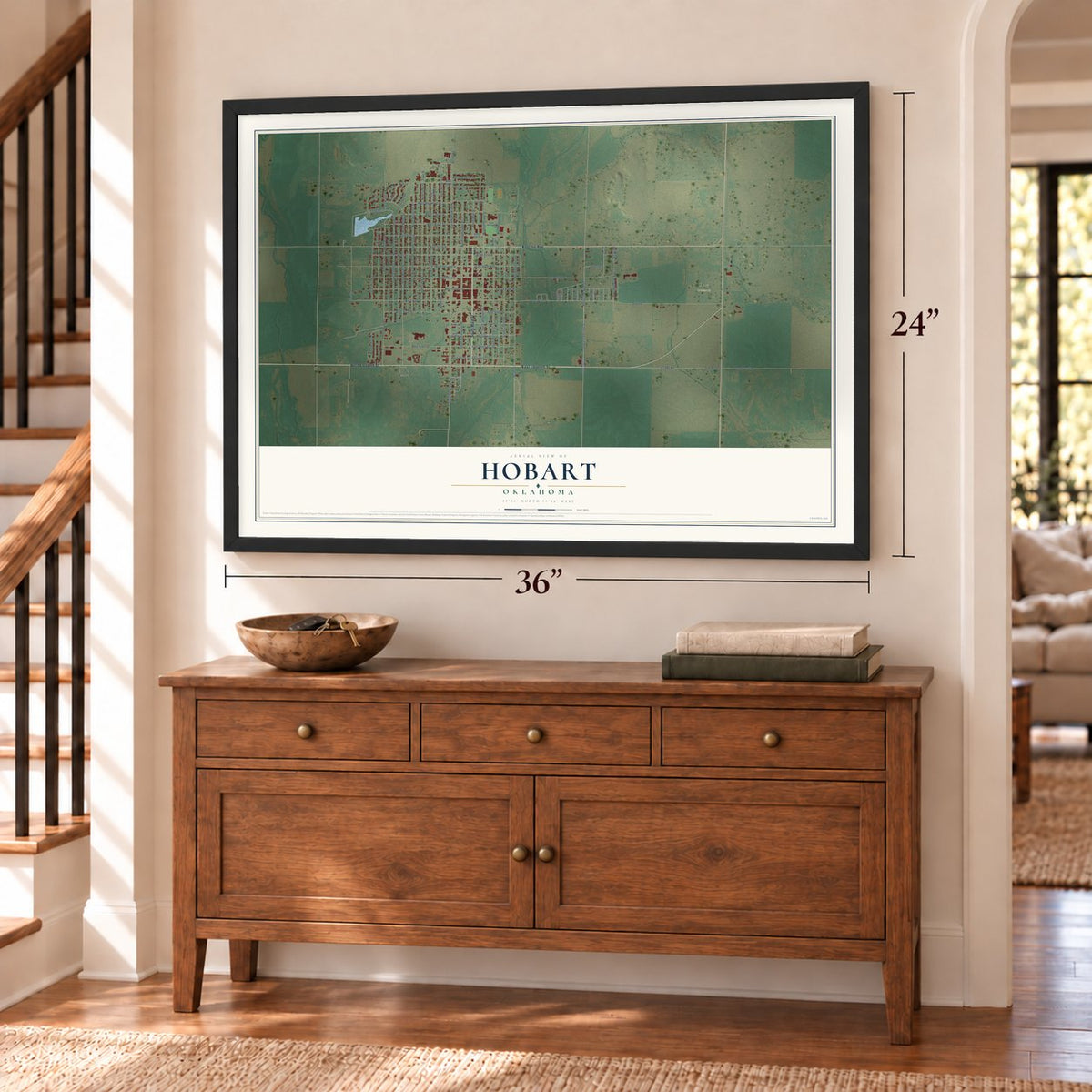 Hobart, Oklahoma map, 24 x 36 inch print in a black frame above a dresser by a staircase