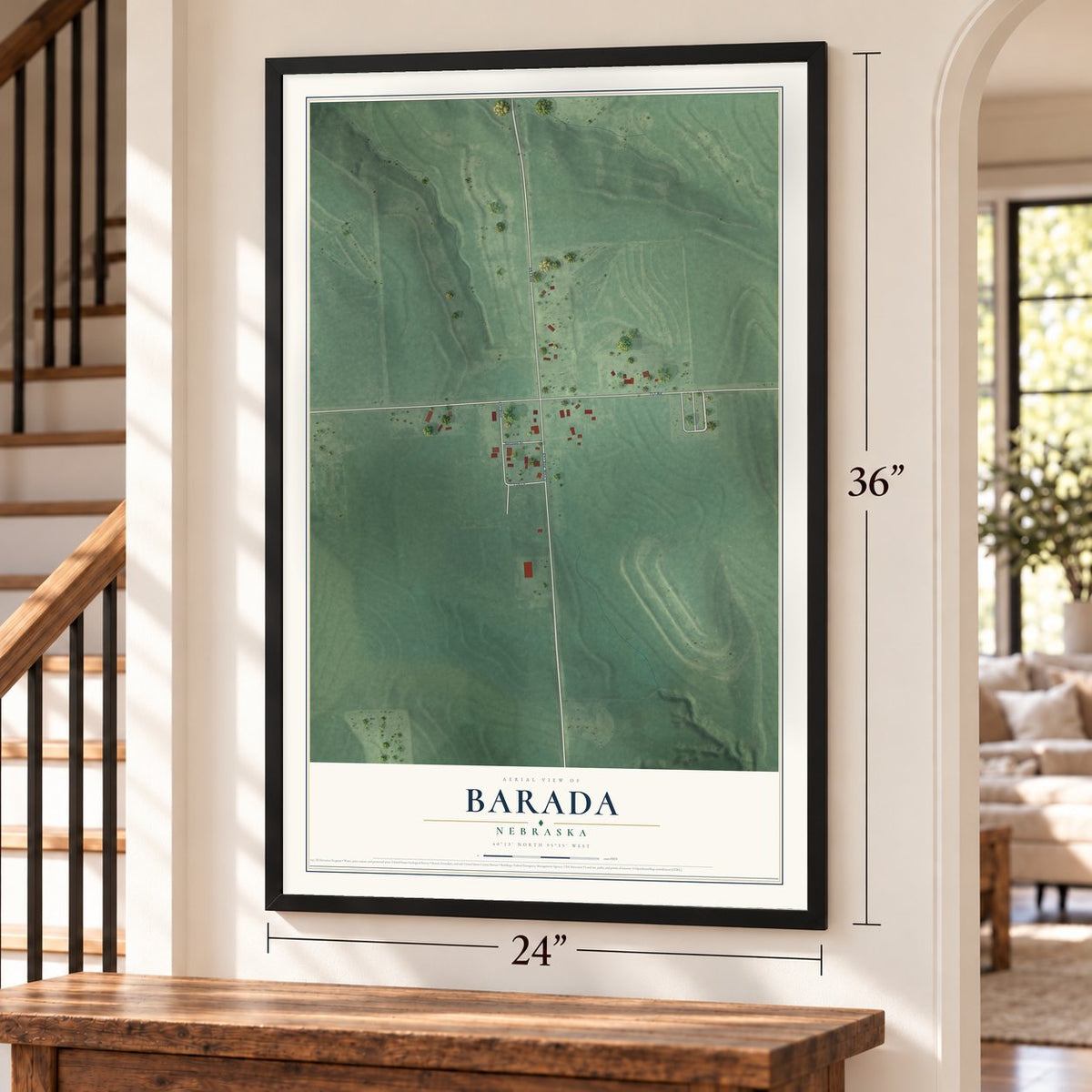 Barada, Nebraska map, 24 x 36 inch print in a black frame by a staircase