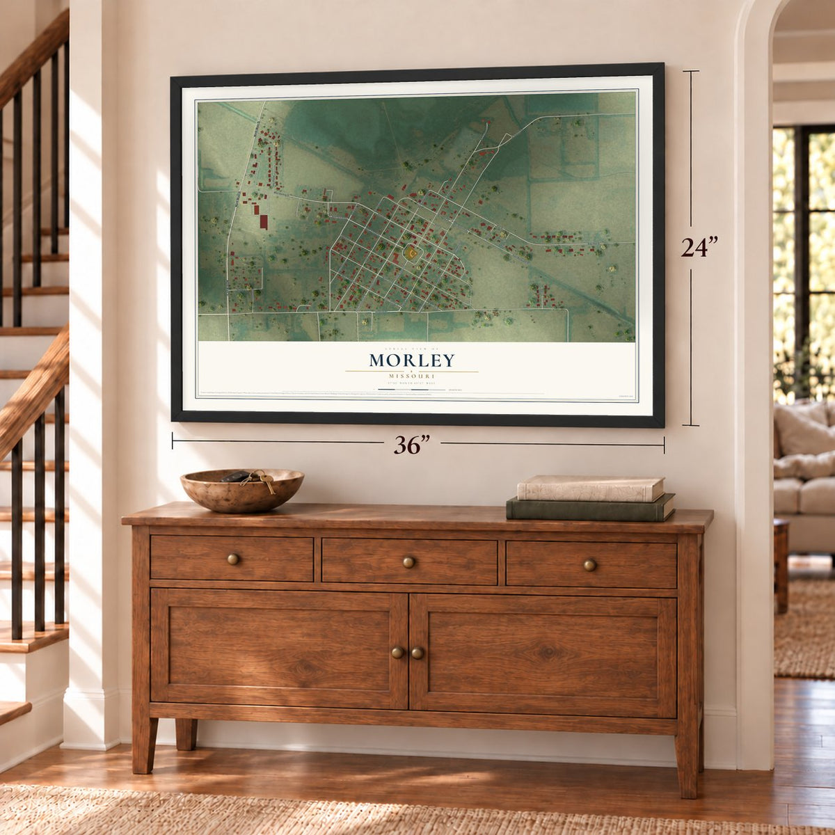 Morley, Missouri map, 24 x 36 inch print in a black frame above a dresser by a staircase